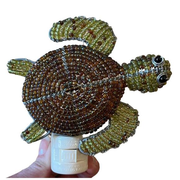 Beaded Sea Turtle Electric 7 Watt Night Light Tested & Works 5” Green & Brown - Picture 2 of 7